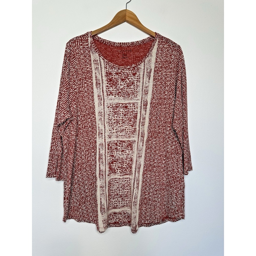 Lucky Brand Long Sleeve Tunic Top 2X Red Cream Scoop Neck Cotton Modal